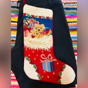 VINTAGE NEEDLE POINT CHRISTMAS stocking with backside BURGANDY velvet